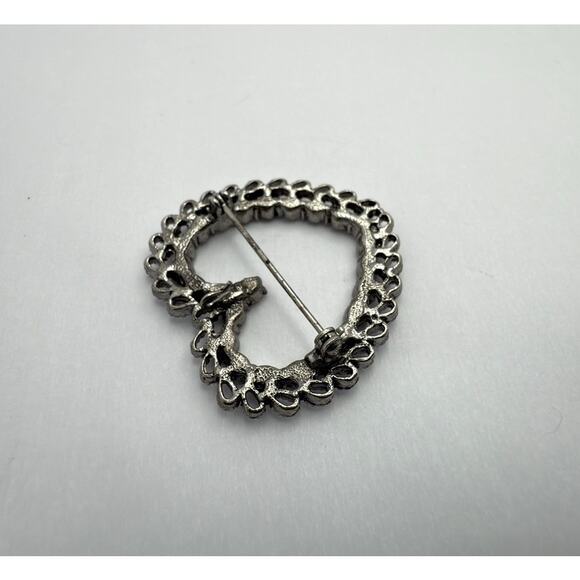 Vintage 1970s Victorian Revival Heart Brooch Pin Pewter Tone Rhinestone Jewelry - Picture 6 of 8